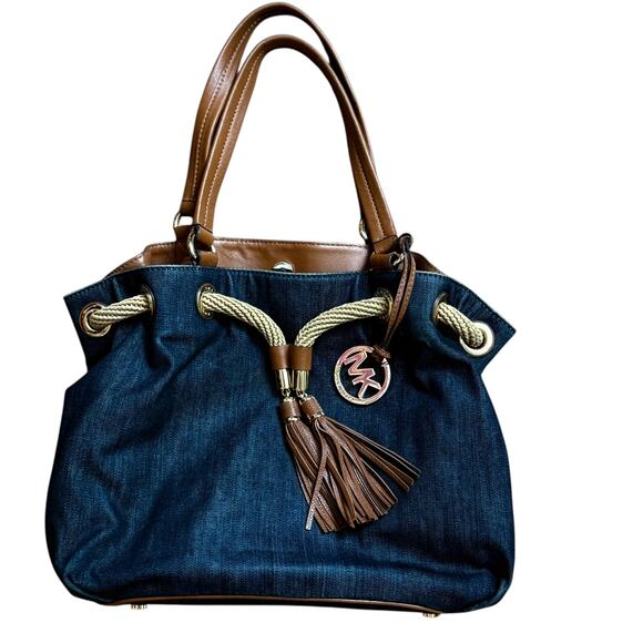 MICHAEL KORS Marina Large Drawstring Tote Bag in Navy Denim and Brown Leather - Picture 1 of 8